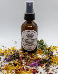 herbal body oil herbal massage oil with spray cap and herbs of lavender calendula, rosemary and rose