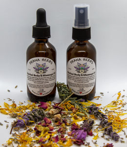 all natural herbal infused body oil spray cap or dropper cap with dried flowers and herbs by Prana Herbs